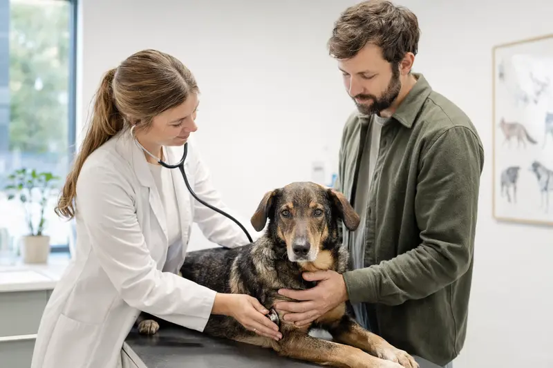 Ein ruhiger Steinbracke Hund wird in einer modernen Tierarztpraxis behutsam mit dem Stethoskop untersucht, während seine Besitzerin beruhigend neben ihm steht.