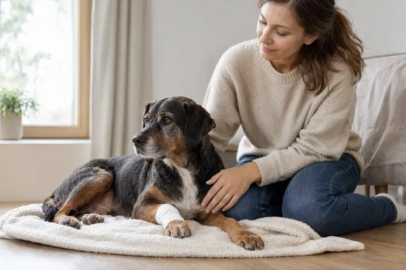Ein Steinbracke Hund mit leichtem Verband an der Pfote liegt ruhig auf einer Decke neben seinem erleichterten Besitzer.