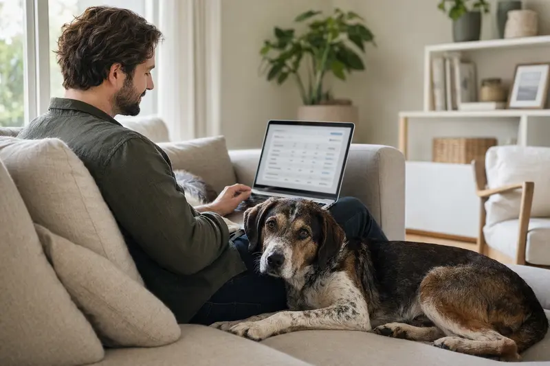 Ein Hundebesitzer sitzt mit Laptop auf dem Sofa, während sein Steinbracke neben ihm liegt, und zeigt eine Versicherungsvergleichsseite.
