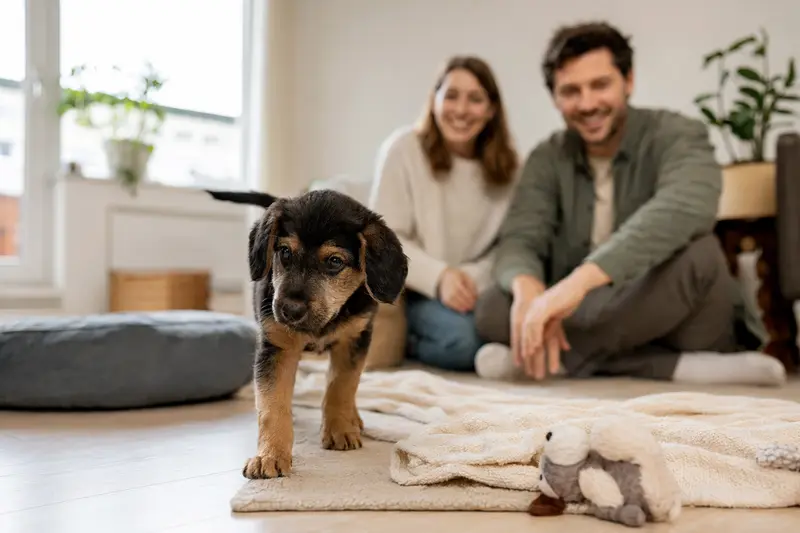 Ein junger Steinbracke Welpe erkundet neugierig sein neues Zuhause auf einer weichen Decke zwischen Spielzeug und seiner Familie.
