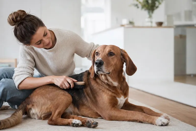 Ein Steirische Bracke Hund wird in einer hellen Wohnung sanft gebürstet, während sich der Besitzer liebevoll um die Fellpflege kümmert.