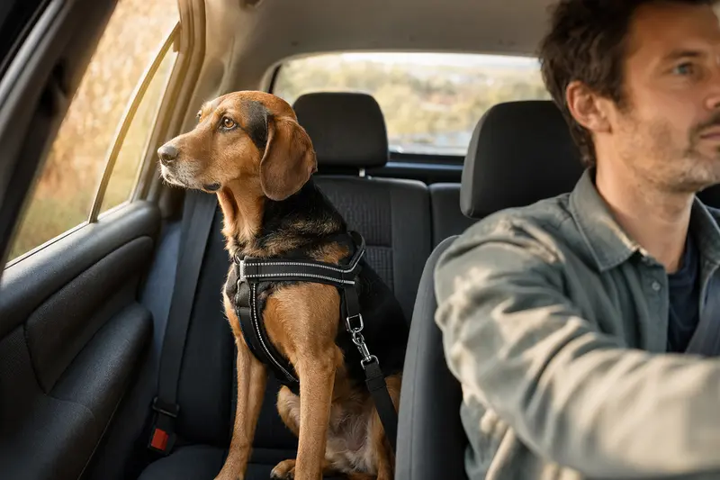Eine Steirische Bracke sitzt sicher angeschnallt auf der Rückbank eines Autos, während ihr Besitzer ruhig fährt.