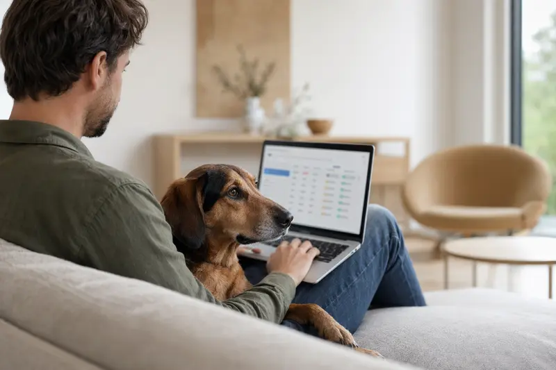 Ein Hundebesitzer sitzt mit einem Laptop auf dem Sofa, während eine Steirische Bracke neben ihm liegt und eine unklare Versicherungsvergleichsseite auf dem Bildschirm zu sehen ist.