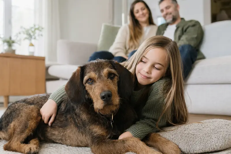 Eine Steirische Rauhhaarbracke liegt entspannt neben einem Kind im hellen Wohnzimmer, während die Eltern im Hintergrund eine sichere Familienatmosphäre schaffen.
