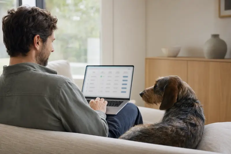 Besitzer arbeitet am Laptop auf dem Sofa, während eine Steirische Rauhhaarbracke an seiner Seite sitzt, mit unscharfem Versicherungsvergleichsbildschirm im Hintergrund.