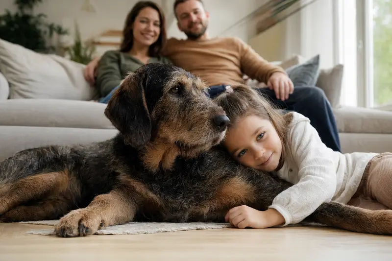Ein freundlicher Stichelhaariger Bosnischer Laufhund liegt entspannt neben einem Kind im hellen Wohnzimmer einer Familie.