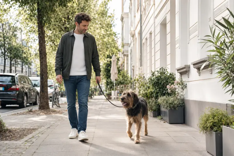 Ein stichelhaariger Bosnischer Laufhund läuft entspannt an der Leine mit seinem Besitzer durch eine moderne Stadtstraße.