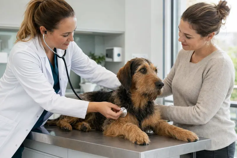 Ein ruhiger Stichelhaariger Bosnischer Laufhund wird in einer modernen Tierarztpraxis von einer Tierärztin mit dem Stethoskop untersucht, während sein Besitzer beruhigend danebensteht.