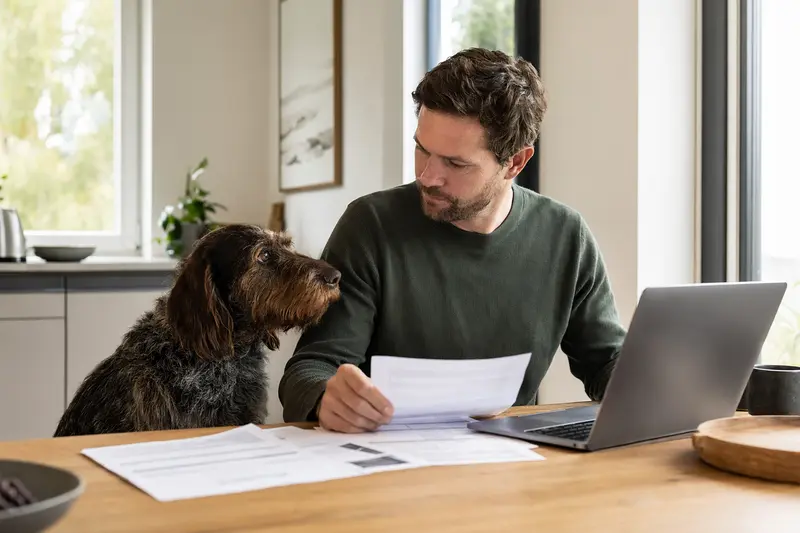 Ein Stichelhaariger Bosnischer Laufhund sitzt ruhig neben seinem Besitzer am Küchentisch mit Versicherungsunterlagen und Laptop zur Hundeversicherung.