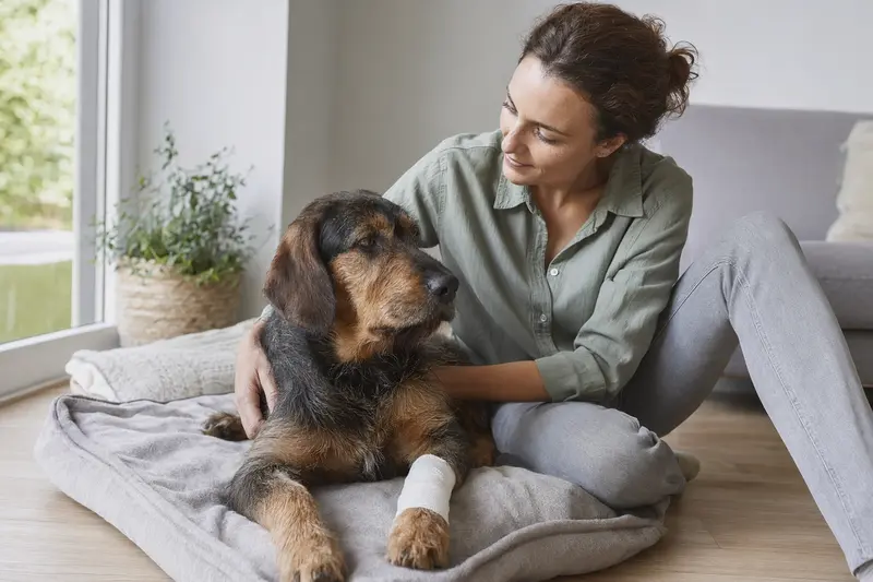 Ein stichelhaariger Bosnischer Laufhund mit leichtem Verband an der Pfote liegt ruhig auf einer Decke, während sein Besitzer erleichtert neben ihm sitzt.