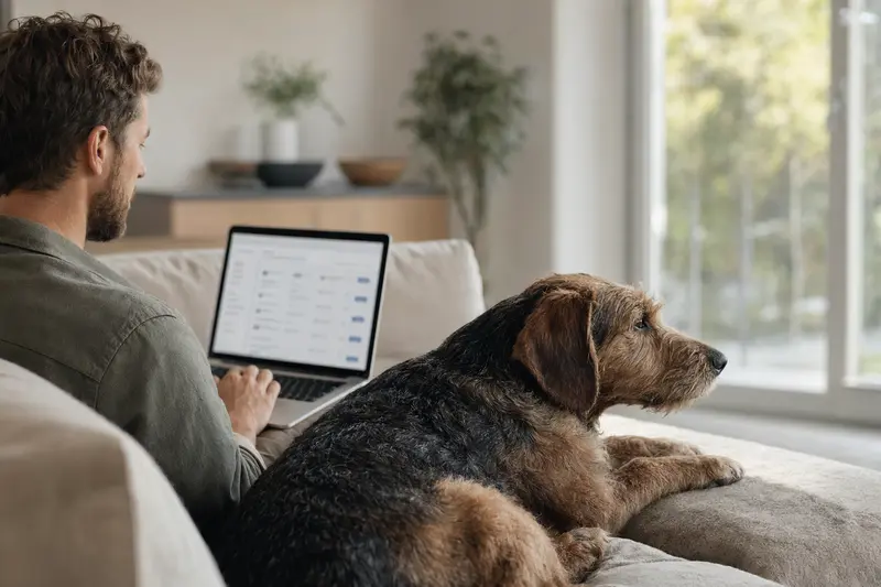 Ein Hundebesitzer arbeitet am Laptop auf dem Sofa, neben ihm sitzt ein Stichelhaariger Bosnischer Laufhund und schaut auf den Bildschirm, der eine Versicherungsvergleichsoberfläche zeigt.