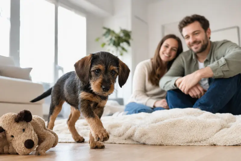Junger Stichelhaariger Bosnischer Laufhund-Welpe entdeckt neugierig sein neues Zuhause mit weicher Decke und Spielzeug im Wohnzimmer.