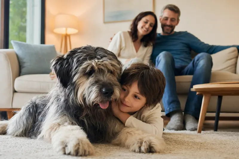 Ein freundlicher Süd-russische Owtscharka Hund liegt entspannt neben einem Kind im hellen Wohnzimmer, während die Eltern im Hintergrund eine sichere Familienatmosphäre schaffen.