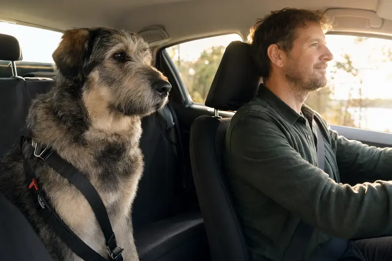 Ein Süd-russische Owtscharka Hund sitzt angeschnallt auf der Rückbank eines Autos, während der Besitzer sicher fährt.