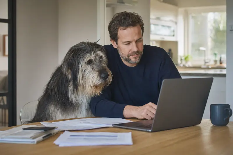 Ein Süd-russische Owtscharka Hund sitzt entspannt neben seinem Besitzer am Küchentisch, auf dem Versicherungsunterlagen und ein Laptop liegen.