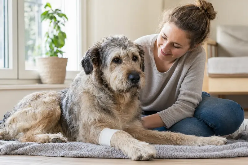 Ein Süd-russische Owtscharka Hund mit leichtem Verband an der Pfote liegt entspannt auf einer Decke neben seinem erleichterten Besitzer in einer hellen Wohnung.