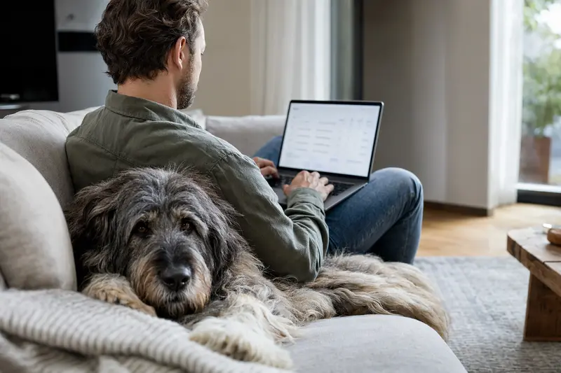 Ein Hundebesitzer arbeitet mit einem Laptop im Wohnzimmer, während ein Süd-russische Owtscharka neben ihm sitzt, die Versicherungsmöglichkeiten betrachtet.
