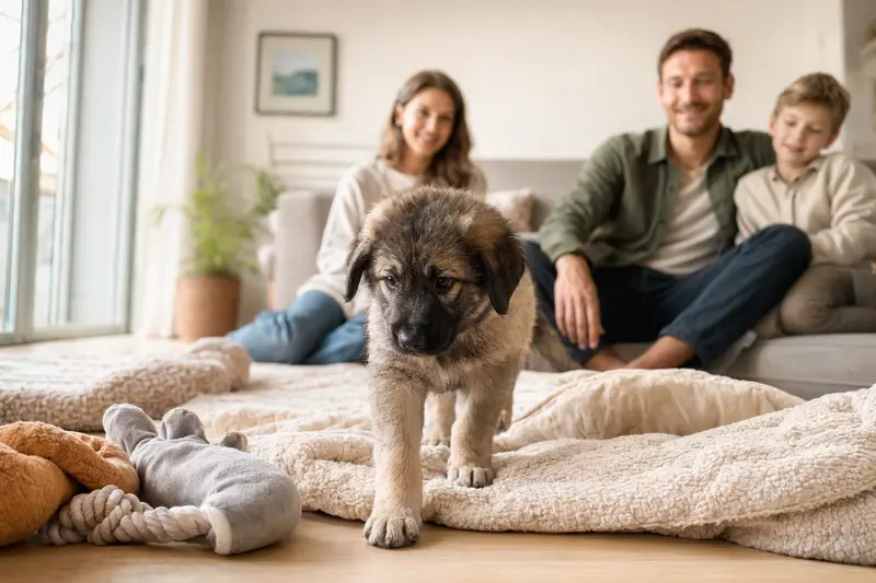 Ein junger Süd-russische Owtscharka Welpe erkundet neugierig seine neue Wohnung mit einer weichen Decke und einem Spielzeug im Vordergrund.