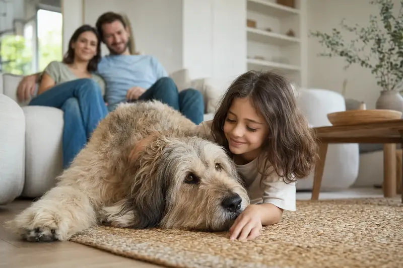 Ein freundlicher Südrussische Owtscharka Hund liegt entspannt neben einem Kind im Wohnzimmer, während die Eltern im Hintergrund eine sichere Familienatmosphäre schaffen.