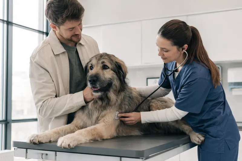Eine Tierärztin untersucht einen ruhigen Südrussischen Owtscharka mit dem Stethoskop, während der Besitzer in der modernen Tierarztpraxis beruhigend danebensteht.