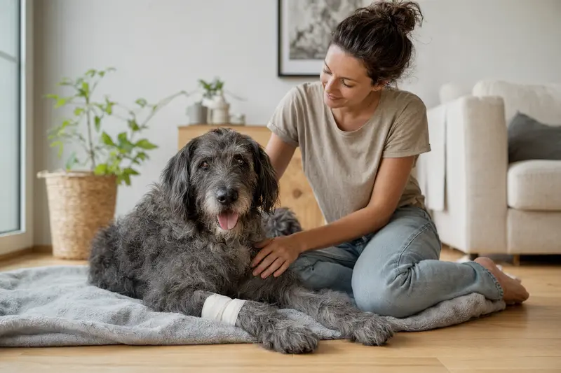 Südrussische Owtscharka mit leicht verbundenem Vorderpfotenverband liegt ruhig auf einer Decke neben seinem erleichterten Besitzer in einer hellen Wohnung.