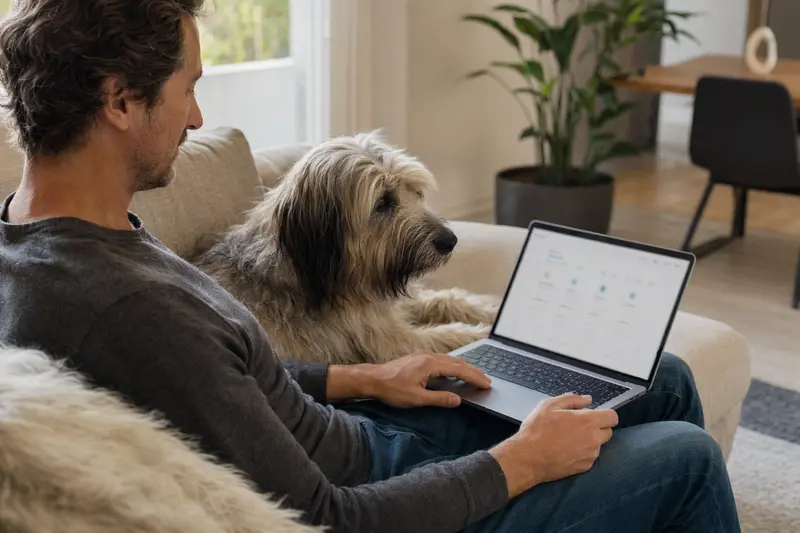 Besitzer mit Laptop auf dem Sofa, begleitet von einem Südrussischen Owtscharka Hund, während er eine neutral gestaltete Versicherungsvergleichsseite betrachtet.