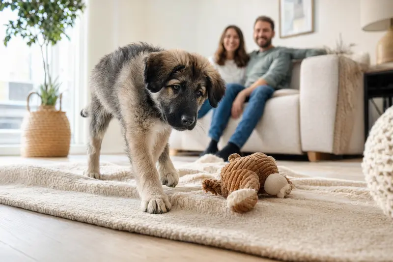Ein junger Südrussische Owtscharka Welpe erkundet neugierig sein neues Zuhause auf einer weichen Decke, während im Hintergrund eine liebevolle Familie in einer hellen Wohnung zu sehen ist.