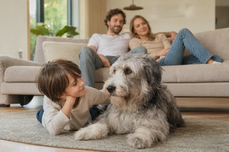 Ein freundlicher Südrussischer Owtscharka Hund liegt entspannt neben einem Kind im hellen Wohnzimmer einer Familie.