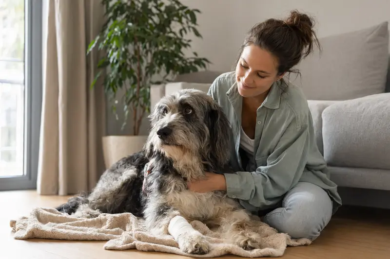 Südrussischer Owtscharka mit leicht verbundenen Pfote liegt ruhig auf einer Decke, während sein Besitzer erleichtert neben ihm sitzt.