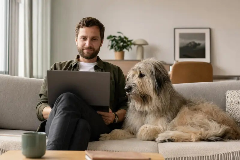 Ein Hundebesitzer arbeitet am Laptop auf dem Sofa, während sein Südrussischer Owtscharka neben ihm sitzt und die Versicherungsvergleichsseite auf dem Bildschirm betrachtet.