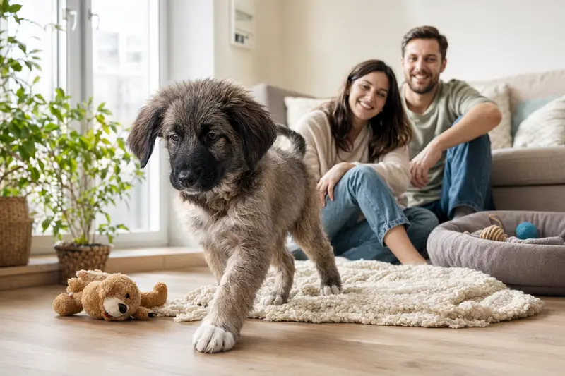 Neugieriger Südrussischer Owtscharka Welpe entdeckt sein neues Zuhause mit Decke und Spielzeug in einer hellen Wohnung.