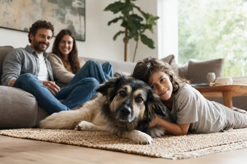 Ein freundlicher Südrussischer Schäferhund liegt entspannt neben einem Kind im Wohnzimmer einer sicheren Familie.