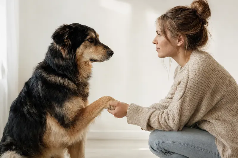 Ein aufmerksamer Südrussischer Schäferhund steht in natürlicher Haltung vor hellem neutralem Hintergrund.