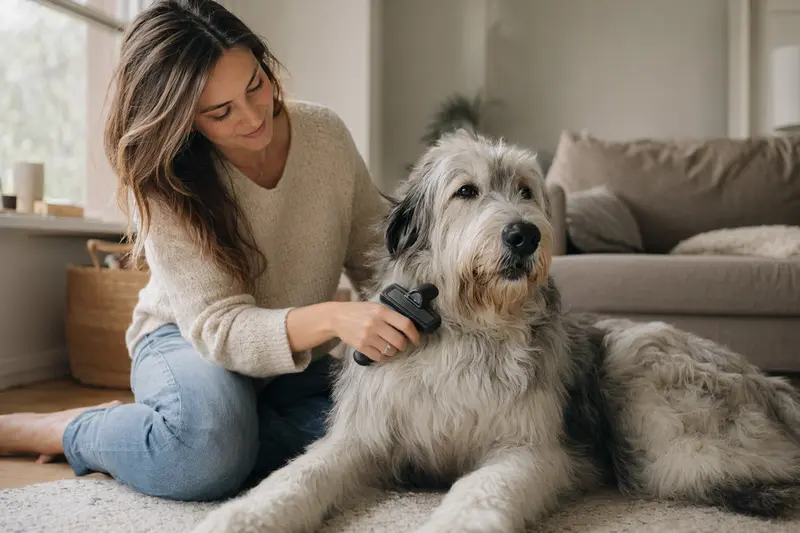 Ein Südrussischer Schäferhund wird zuhause sanft gebürstet, während der Besitzer die Fellpflege liebevoll übernimmt.
