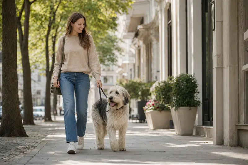 Ein Südrussischer Schäferhund läuft an der Leine mit seinem Besitzer entspannt durch eine moderne Stadtstraße.