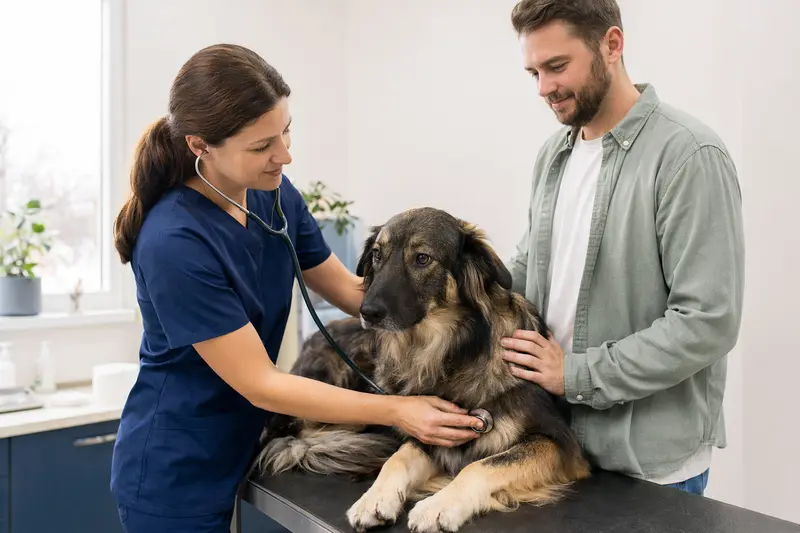 Eine Tierärztin untersucht einen ruhigen Südrussischen Schäferhund mit dem Stethoskop, während der Besitzer beruhigend danebensteht.