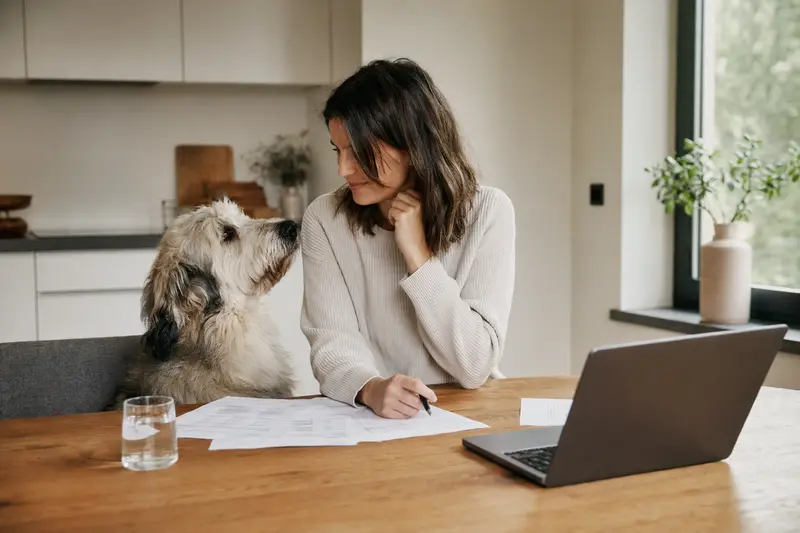 Ein Südrussischer Schäferhund sitzt ruhig neben seinem Besitzer am Küchentisch mit Versicherungsunterlagen und Laptop zur Tierkrankenversicherung.