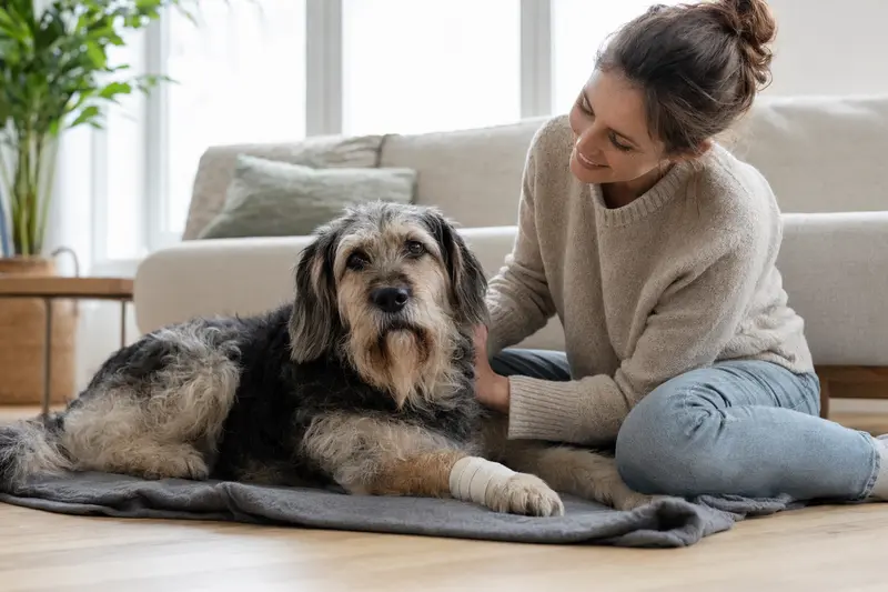 Südrussischer Schäferhund mit leicht verbundenen Pfote liegt ruhig auf einer Decke, während sein Besitzer erleichtert neben ihm sitzt.