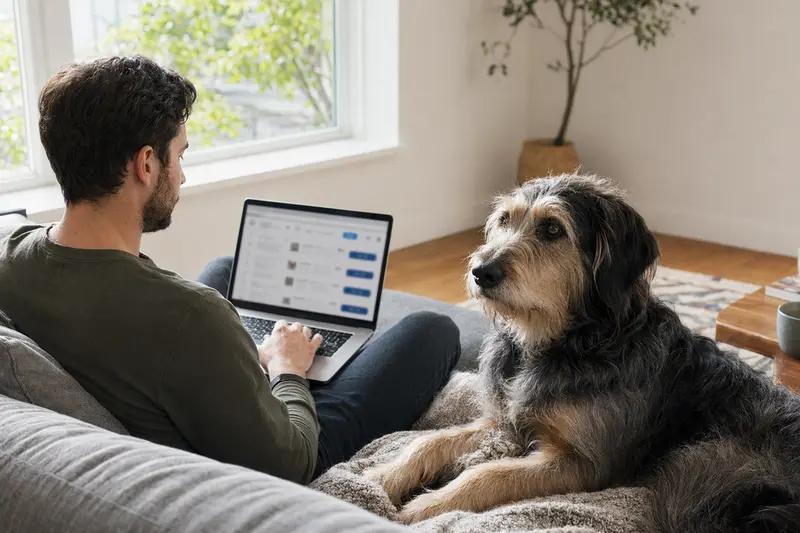 Ein Besitzer arbeitet am Laptop auf dem Sofa, während ein Südrussischer Schäferhund neben ihm liegt und eine neutrale Versicherungsvergleichs-Oberfläche im Hintergrund zu sehen ist.