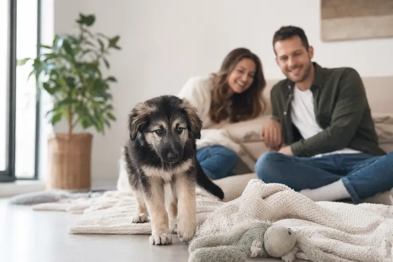 Junger Südrussischer Schäferhund Welpe erkundet neugierig sein neues Zuhause in einer hellen Wohnung mit Decke, Spielzeug und Familie im Hintergrund.