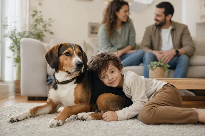 Ein freundlicher Suomenajokoira liegt entspannt neben einem Kind im Wohnzimmer, während die Eltern im Hintergrund eine sichere Familienatmosphäre schaffen.