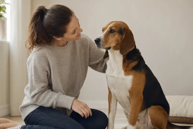 Suomenajokoira Hund in aufmerksamem Stand vor hellem neutralem Hintergrund mit realistischem Fell und typischer Körperform.