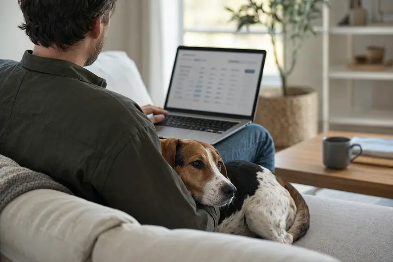 Ein Hund neben einem Besitzer, der am Laptop sitzt und sich über Tierkrankenversicherungen informiert.