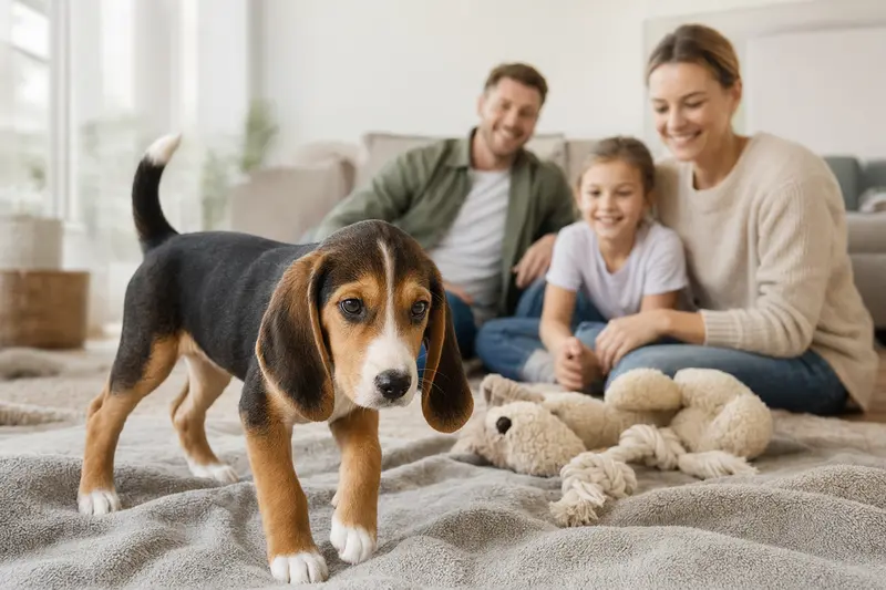 Ein junger Suomenajokoira Welpe erkundet neugierig sein neues Zuhause auf einer weichen Decke mit Spielzeug und Familie im Hintergrund.