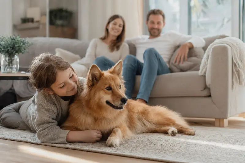 Ein freundlicher Suomenpystykorva liegt entspannt neben einem Kind im Wohnzimmer, während die Eltern im Hintergrund eine sichere Familienatmosphäre schaffen.
