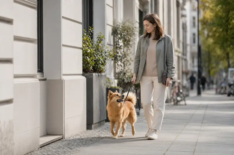 Ein Suomenpystykorva läuft an der Leine mit seinem Besitzer durch eine freundliche moderne Stadtstraße.