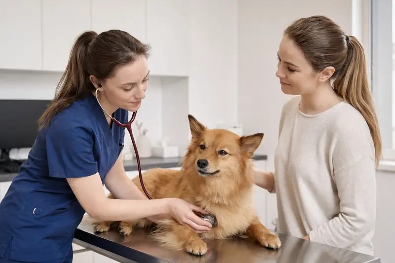 Eine Tierärztin untersucht einen ruhigen Suomenpystykorva behutsam mit dem Stethoskop, während der Besitzer in der modernen Tierarztpraxis beruhigend daneben steht.