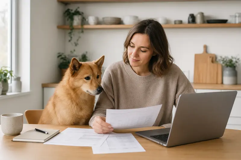 Ein Suomenpystykorva sitzt ruhig neben seinem Besitzer am Küchentisch, während Versicherungsunterlagen und ein Laptop mit einer Vergleichsseite zu Hundekrankenversicherungen zu sehen sind.
