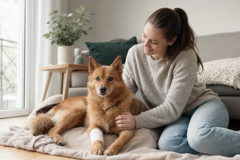 Suomenpystykorva Hund mit leicht verbundenen Pfote liegt ruhig auf einer Decke, während sein Besitzer neben ihm erleichtert sitzt.