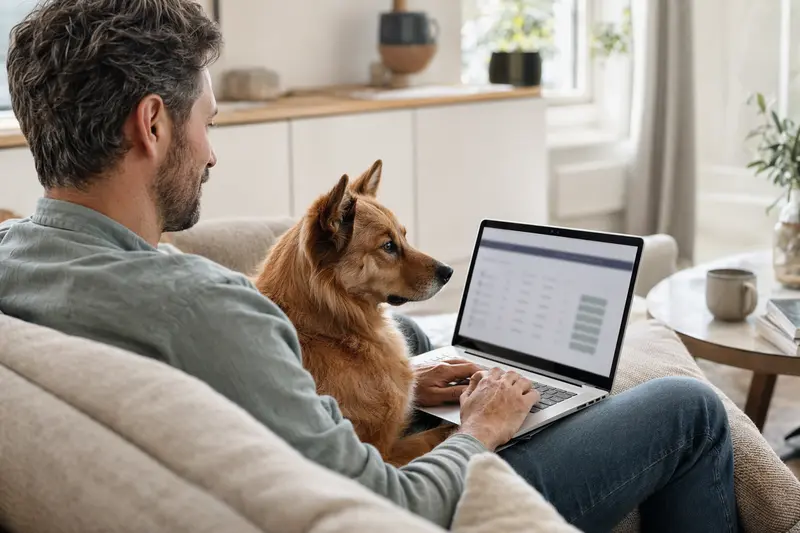 Besitzer sitzt auf dem Sofa mit Laptop, während ein Suomenpystykorva Hund neben ihm ruhen, was eine klare Entscheidung für Tierversicherungen symbolisiert.